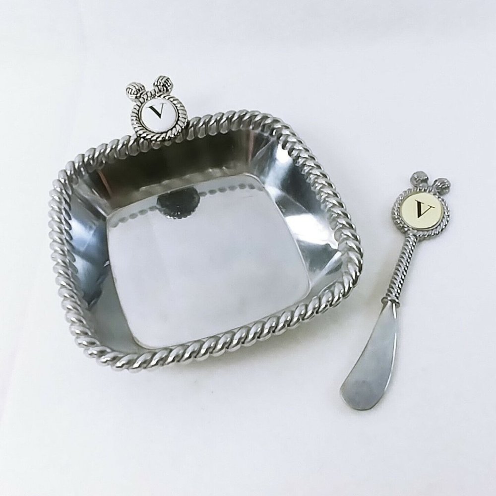 Dip Bowl and Spreader Set Metal Initial Letter V Silver Mudpie 2009